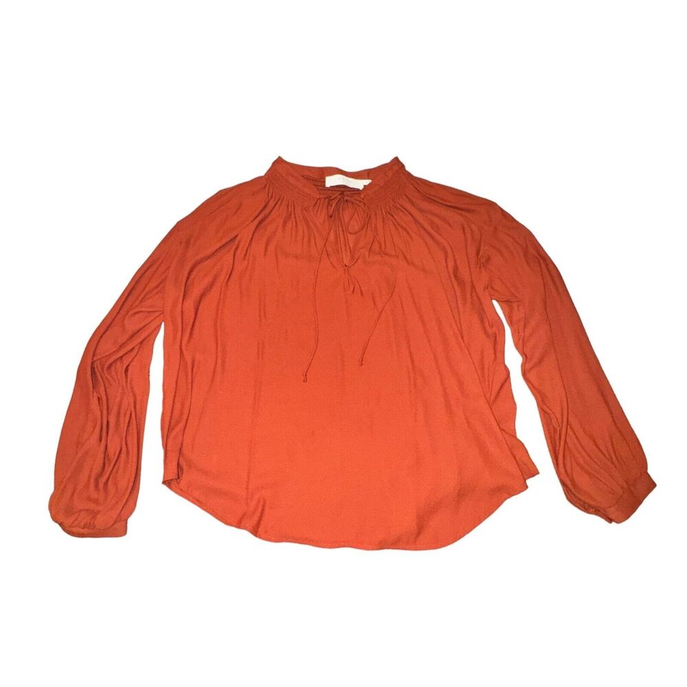 ASTR The Label Blouse Size M Burnt Orange Mock Tie Neck Deep V L/S Relaxed Fit